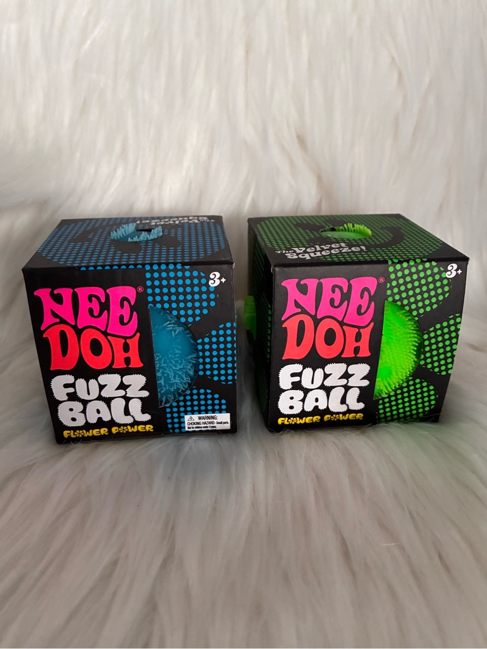 Authentic NeeDoh Fuzz Ball Flower Power Green and Blue